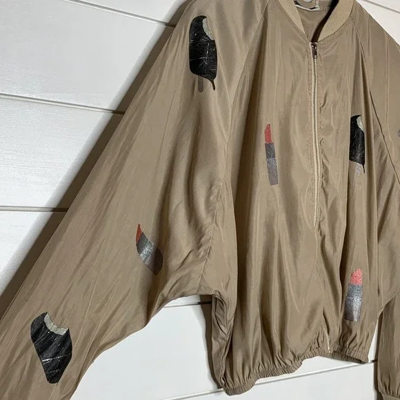 NOISY MAY Jacket Small Lip Stick Ice Cream Bars Tan Beige Short Cropped British - Picture 2 of 8